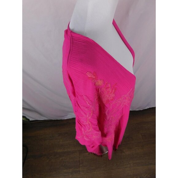 Kimono Cardigan Womens One Size Fuchsia Pink Embroidered Fringe Boho Duster - Picture 11 of 12